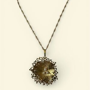 Vintage K&L Germany Gold-Tone Sunburst Pendant Necklace - Faux Pearl - 1960s